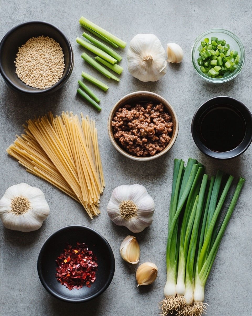 A green bowl filled with a nest of reddish-brown noodles mixed with small chunks of dark brown minced meat, sprinkled with white sesame seeds and thin green slices of spring onion, positioned in the center of the image with a pair of dark brown wooden chopsticks resting on the left side of the bowl. Around the bowl, there is a small white bowl of chopped green onions on a white marbled surface in the top left corner and a small beige bowl with sesame seeds in the bottom left. Part of another green bowl with the same noodle dish is visible in the upper right corner, and a white cloth with black stripes is partially draped near the bottom right. The lighting is warm and natural, casting soft shadows. Photo taken with an iphone --ar 4:5 --v 7