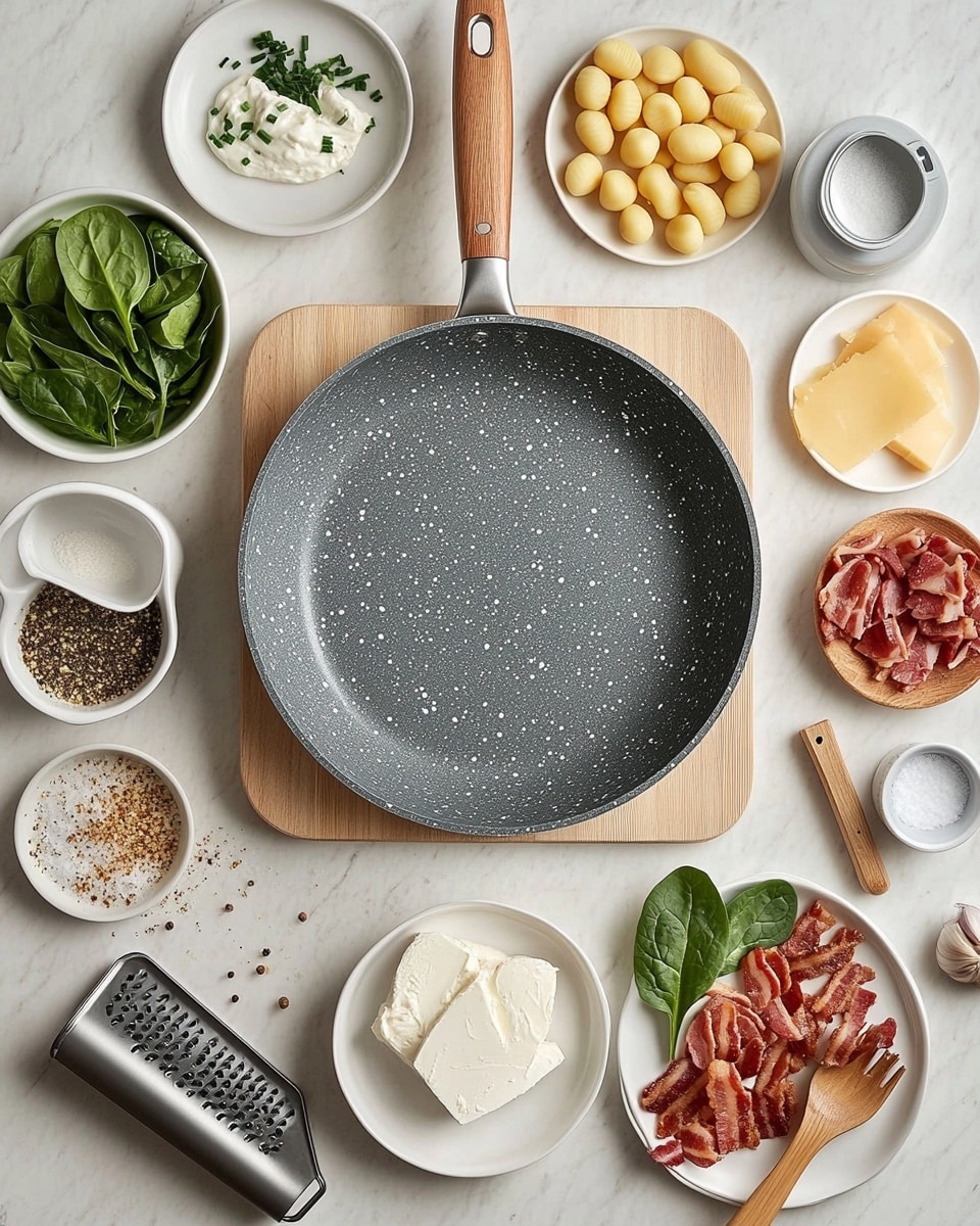 A white deep bowl holds creamy sauce as the base layer, thick and light yellow in color, covering most of the bowl’s surface. On top, golden brown gnocchi pieces are gently piled in a rounded mound, each with a soft, smooth texture and slight crisp edges. The gnocchi are sprinkled with small, crunchier bits of reddish-brown bacon scattered mainly on the top layer. Fresh chopped green herbs are dotted all over the dish, adding bright green color contrasts to the creamy sauce and golden gnocchi. The bowl sits on a rustic wooden table next to a small white marbled surface area, with a glass of pale yellow drink, a small bowl of grated cheese, and a fresh green basil sprig nearby. Photo taken with an iphone --ar 4:5 --v 7