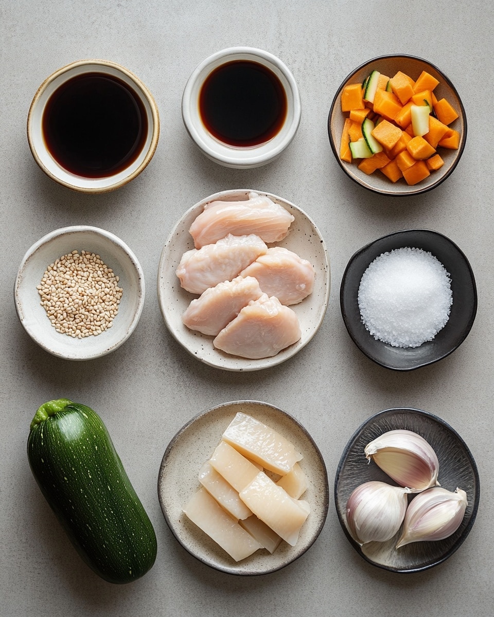 A dark blue cast iron pan filled with a colorful stir fry, showing three main layers: small light brown chicken pieces mixed with bright green and yellow zucchini slices and thinly sliced caramelized onions with a light brown glossy texture, all topped with sprinkled white sesame seeds and chopped green onions. The pan is on a black cooling rack over a white marbled surface, next to a small glass bowl of chopped green onions and a wooden bowl of white sesame seeds, with a white and blue striped cloth partially visible on the right side. photo taken with an iphone --ar 4:5 --v 7