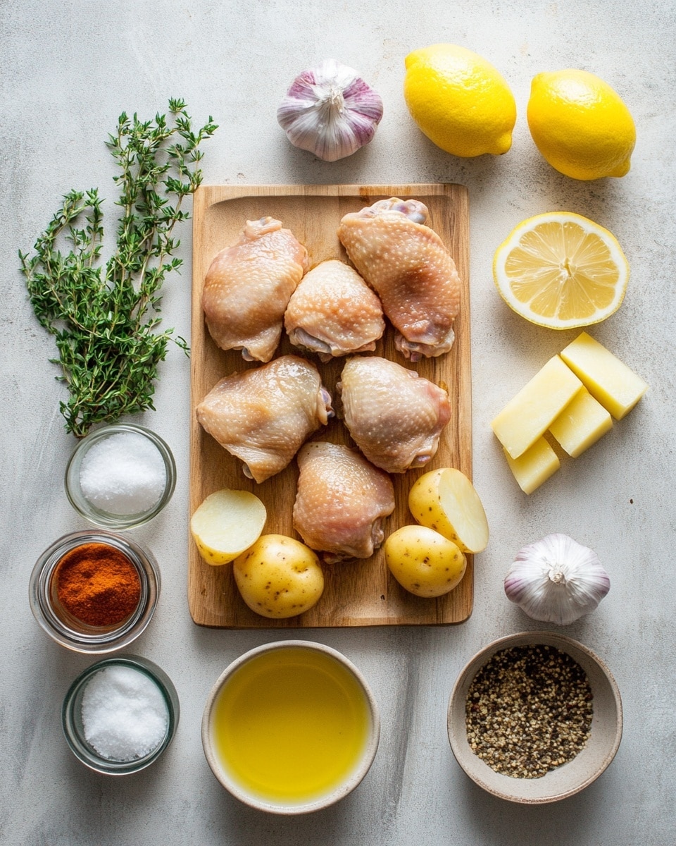A white rectangular dish filled with two main layers: the bottom layer is made of golden brown, roasted potato slices and chunks showing crispy and slightly charred edges, while the top layer features a mix of browned chicken pieces including drumsticks and thighs with a light crispy skin and some char marks. On the left side of the dish, two gold spoons rest on the potatoes. In the background, there is a small white bowl with a creamy white sauce and two pita breads placed behind the dish, along with a small basket of green leafy lettuce on the right. The dish is placed on a white marbled textured surface with a lemon slice visible on the bottom left corner. Photo taken with an iphone --ar 4:5 --v 7