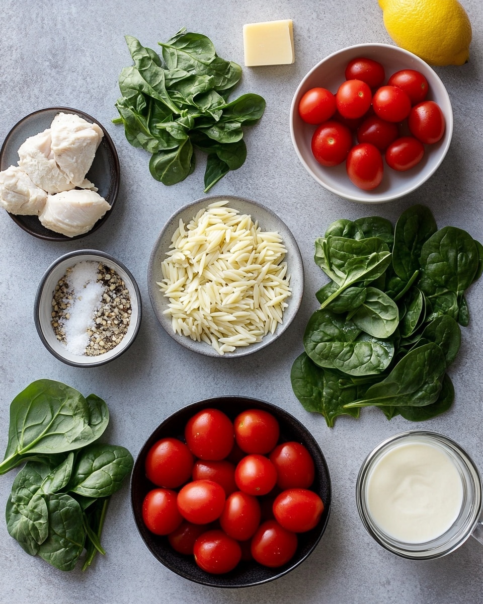 A white rectangular baking dish filled with a colorful layered bake; the bottom layer has small chunks of cooked chicken mixed with yellow and orange cherry tomatoes, spinach leaves, chopped red onions, and small bits of sun-dried tomatoes, creating a mix of red, green, and purple colors; in the center, a large square block of soft white cheese is placed, with two gold forks held by a woman's hand on each side pressing and breaking the cheese, revealing its creamy texture; a few fresh basil leaves are scattered on top, adding bright green accents; the dish sits on a white marbled surface with small bowls of chopped parsley and grated cheese nearby, along with a striped cloth on one side, photo taken with an iphone --ar 4:5 --v 7