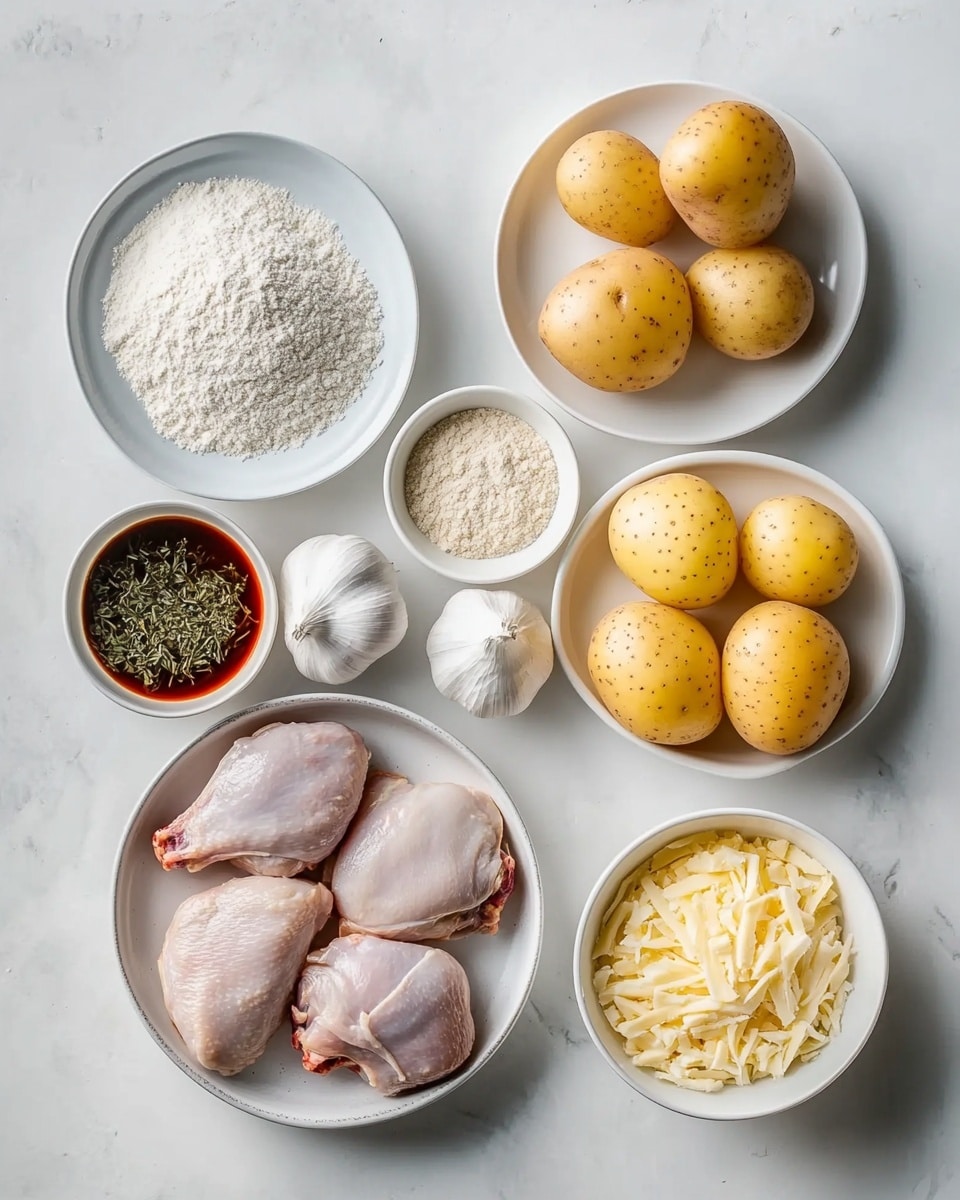 The image shows a flat top view of various cooking ingredients arranged neatly on a white marbled surface. On the bottom left, there is a white plate holding four raw chicken thighs with pale pink skin and smooth texture. Above that, a small white bowl filled with white flour is placed near a blue bowl containing a dark reddish-brown liquid sauce. To the right of the sauce, there is a blue bowl holding green dried herbs next to a small blue and white bowl with three types of powdered spices in brown, red, and white. Next to these bowls are three small yellow potatoes on a white plate. On the right middle side, a white bowl holds two raw egg yolks with clear egg whites around them. Two whole garlic bulbs are positioned on the right side of the image near a blue bowl filled with shredded pale-yellow cheese. The whole setup is tidy and brightly lit. photo taken with an iphone --ar 4:5 --v 7