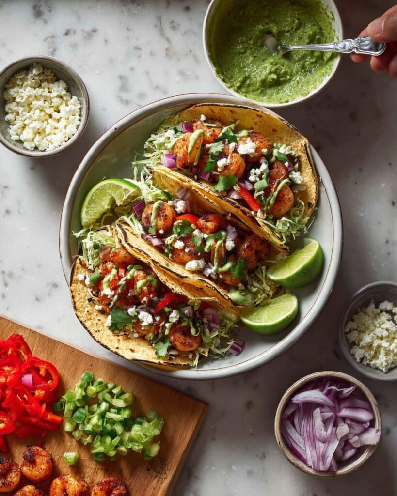 Chimichurri Shrimp Tacos with Avocado Slaw and Cotija Recipe