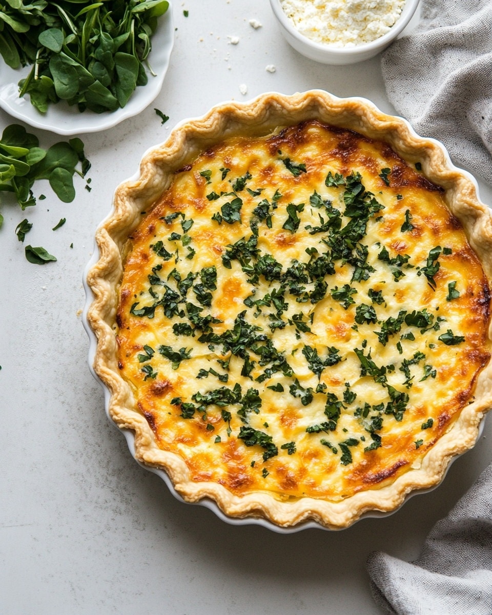 A round quiche with a golden-brown crust is placed on a white plate with a blue edge. The top of the quiche shows a mix of yellow egg filling dotted with orange chunks, dark green spinach leaves, and small reddish pieces spread evenly. The plate sits on a wooden surface next to small orange flowers, a small white bowl with salt, and a gold cake server. Nearby, there is a stack of white plates with blue patterned napkins and gold forks on top. In the background, part of a white jug with blue details is visible. photo taken with an iphone --ar 4:5 --v 7