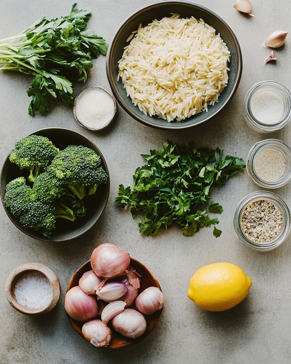 A close-up of a black skillet filled with a dish made of three main layers: the bottom layer is light yellow orzo pasta, soft and shiny; the middle layer consists of green broccoli florets spread evenly; the top layer shows round, browned sausage slices with char marks scattered throughout. There are small bits of chopped green herbs sprinkled all over the dish, adding texture and color contrast. The skillet is placed on a white marbled surface photo taken with an iphone --ar 4:5 --v 7