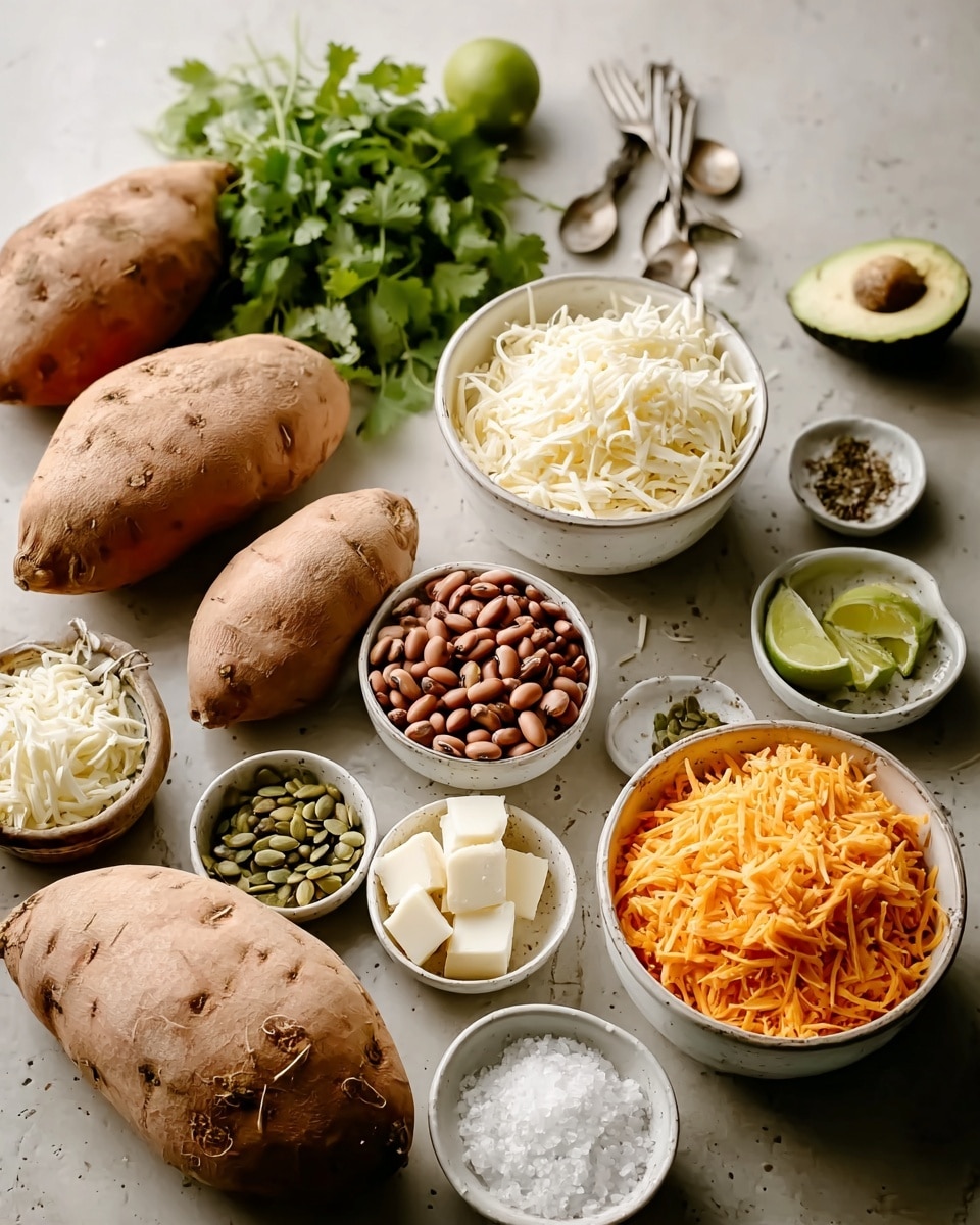 This image shows a collection of cooking ingredients arranged on a white marbled surface. On the left are four whole sweet potatoes, rough and light brown. Near the center, there is a half avocado with a dark pit and a halved lime showing its green inside. Several small, white ceramic bowls surround the main items: one bowl holds shredded white cheese, another has shredded orange cheese, a third contains white cheese pieces that look soft, and a small bowl has green pumpkin seeds with a small spoon resting inside. Behind these bowls is a larger bowl filled with dark red beans topped with a small leaf of green herb. Fresh green herbs lay loosely in the background. Two silver spoons rest near the bottom left, one casually placed inside a small empty bowl. Photo taken with an iphone --ar 4:5 --v 7