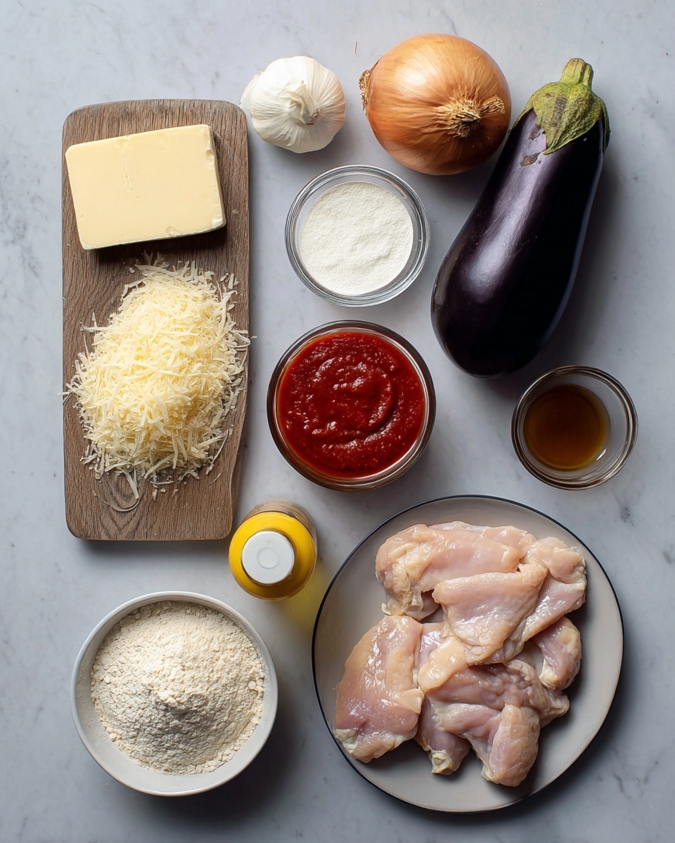 The image shows raw chicken pieces placed on a white plate with a smooth, shiny surface. Around the plate, ingredients are arranged on a white marbled surface: a whole dark purple eggplant, a brown onion, a head of garlic, a small glass jar with a dark liquid, a measuring cup filled with chunky red tomato sauce, a small glass bowl of white flour, a small bowl of grated white cheese, a block of yellowish cheese resting on a wooden board, a glass of light brown liquid, and a plastic bottle with a yellow lid containing a transparent liquid. The composition is neat, with all items spaced out clearly. Photo taken with an iphone --ar 4:5 --v 7