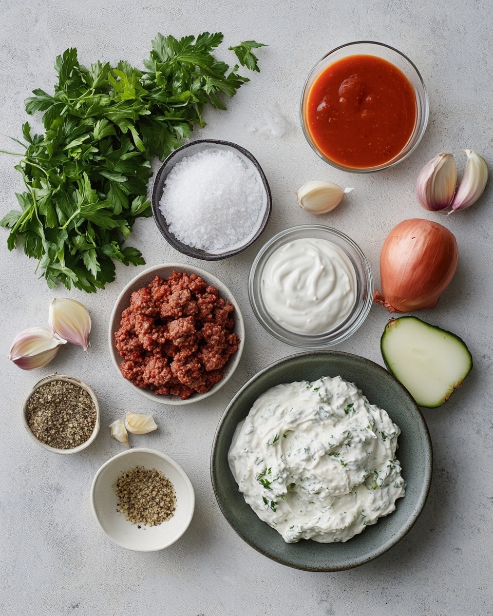 The dish shows several small, browned meatballs with a shiny, slightly crispy texture on top, placed on a bed of fresh green leaves. There are dollops of thick white sauce spread among the meatballs, sprinkled lightly with red seasoning and topped with chopped green herbs. A few small, cooked orange tomatoes are also present around the meatballs. The food is served in a white bowl, all set on a white marbled surface. photo taken with an iphone --ar 4:5 --v 7
