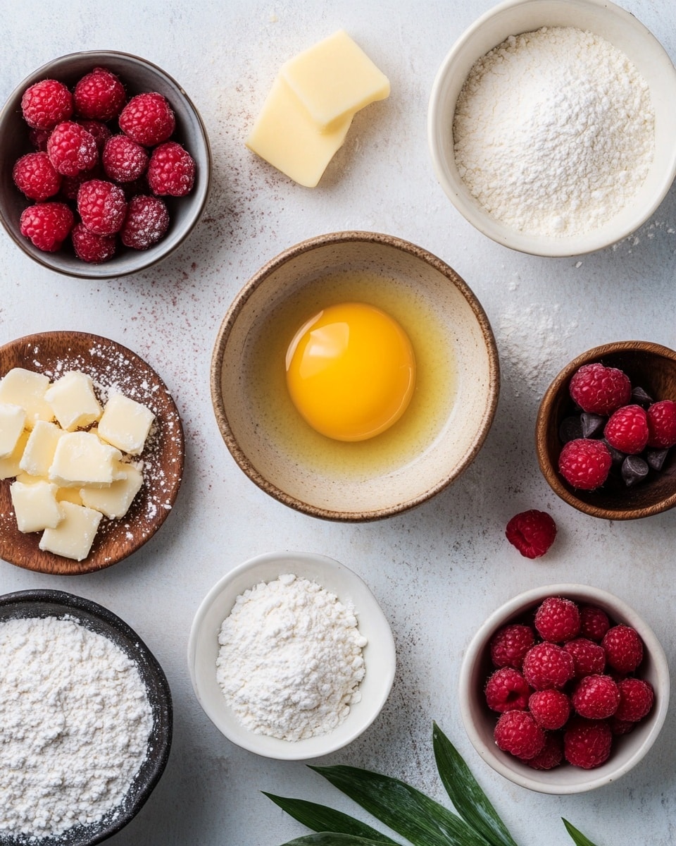 The image shows five round cookies on white parchment paper placed on a baking tray with a white marbled texture underneath. Each cookie has a soft, light golden-brown base with visible red raspberry pieces and white chocolate chips unevenly spread on top, creating a mix of red and white spots embedded in the dough. One cookie in the lower right corner has a bite taken out of it, revealing its soft inside with embedded raspberries. The cookies have a slightly bumpy surface with some cracks and a soft texture visible on the edges. Photo taken with an iphone --ar 4:5 --v 7