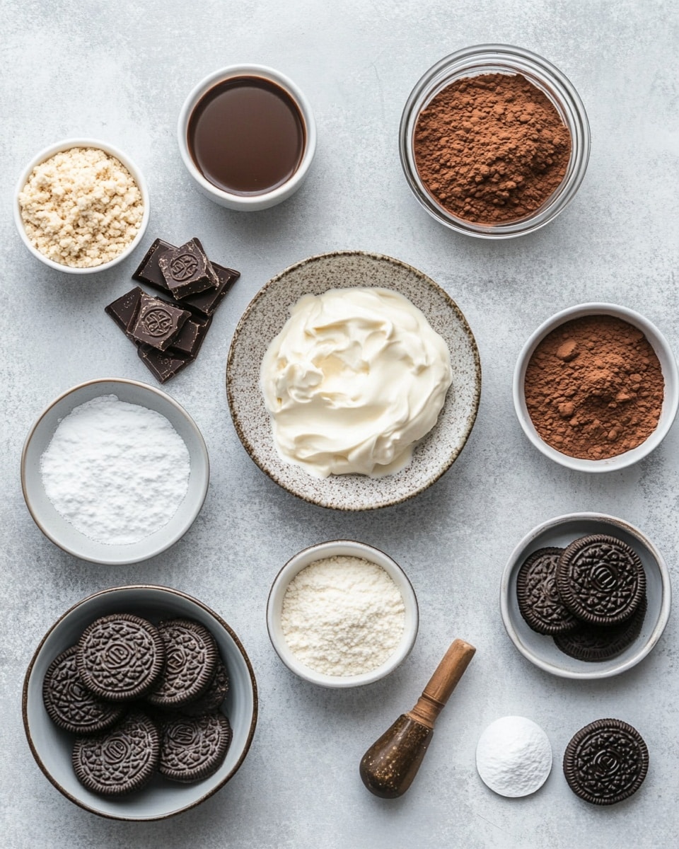 The image shows a clear glass with four layers inside. The bottom layer is dark, crumbly cookie crumbs. Above that, there is a thick layer of smooth light brown chocolate mousse. The third layer is white and creamy, likely whipped cream, topped with another thin layer of cookie crumbs. The glass is filled to the top with a fluffy white cream layer, sprinkled heavily with dark cookie pieces. A metal spoon is placed inside the glass, resting on the layers. The glass is on a round white marbled surface, and another glass like this is partially visible in the background. Photo taken with an iphone --ar 4:5 --v 7
