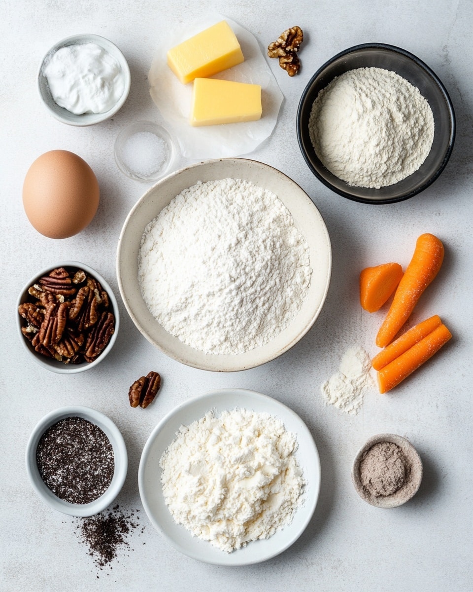 A two-layer carrot cake slice rests on a white plate with a white marbled background. Each cake layer is golden brown with visible bits of carrot and nuts inside. Between the layers and on top, there is a smooth, thick white cream cheese frosting. The top frosting layer is sprinkled with a small pile of rough chopped pecans. In the background, the remaining cake with the same two layers and frosting is slightly out of focus. Photo taken with an iphone --ar 4:5 --v 7