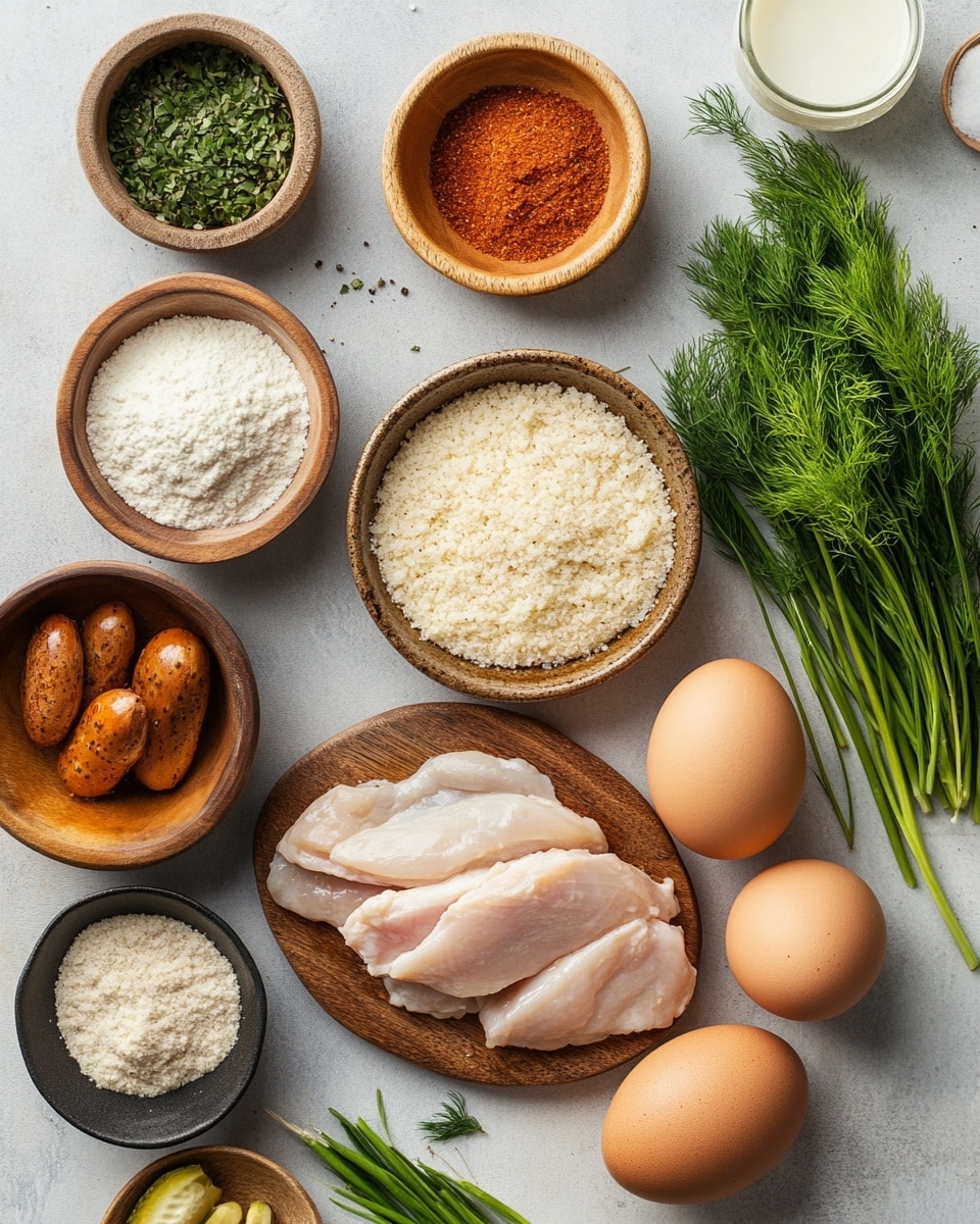 The image shows two golden-brown fried patties on a white plate, each topped with a thick layer of creamy white sauce. On top of the sauce, there are thin, round slices of fresh green cucumber and a small sprig of green dill for garnish. The patties have a crunchy, textured surface with some darker browned spots. The plate rests on a white marbled surface. photo taken with an iphone --ar 4:5 --v 7