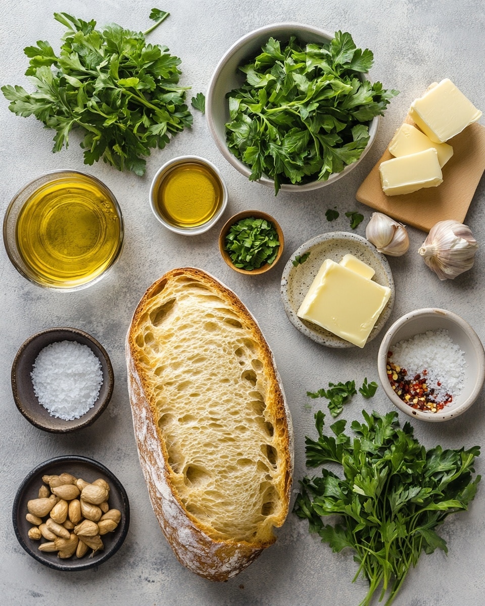 Two long slices of toasted bread lie side by side on brown parchment paper over a metal baking tray. Each slice has one layer of golden-brown crust with a warm, light orange tone and a crispy texture. The bread's top is covered with a speckled layer of melted cheese mixed with finely chopped herbs, mainly green and small bits of light yellow, creating a rough, bubbling surface. Nearby, there are two small bowls, one filled with dark red chili flakes and the other with fresh green parsley leaves, both on a white marbled surface. In the top left corner, part of a white plate with spaghetti and meatballs in red sauce is visible, and at the right edge, a beige linen cloth is placed casually. Photo taken with an iphone --ar 4:5 --v 7
