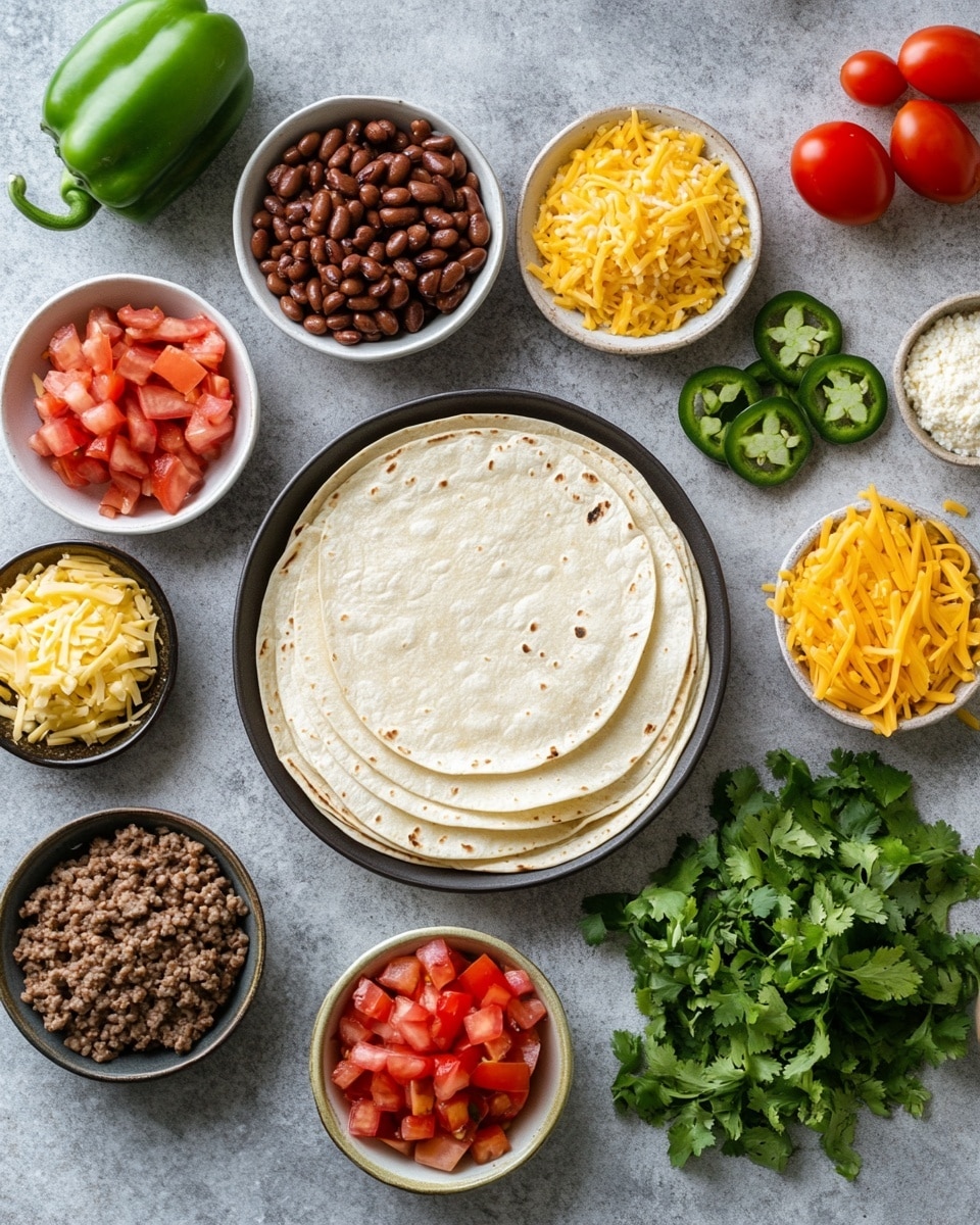 A white round plate holds a stack of golden-brown quesadillas, each folded in half with visible ground meat filling peeking out slightly from the edges. The quesadillas have a crispy texture with some darker toasted spots on their surface. Lime wedges are placed around the quesadillas on the plate, adding small pops of bright green color. Around the plate, there is a small white bowl filled with chunky tomato salsa showing bits of red tomatoes and green herbs, and a wooden bowl with light green creamy sauce next to a silver spoon. A fresh green jalapeño pepper and an extra lime wedge lie on the white marbled surface beneath the plate, with folded blue and yellow napkins nearby. photo taken with an iphone --ar 4:5 --v 7