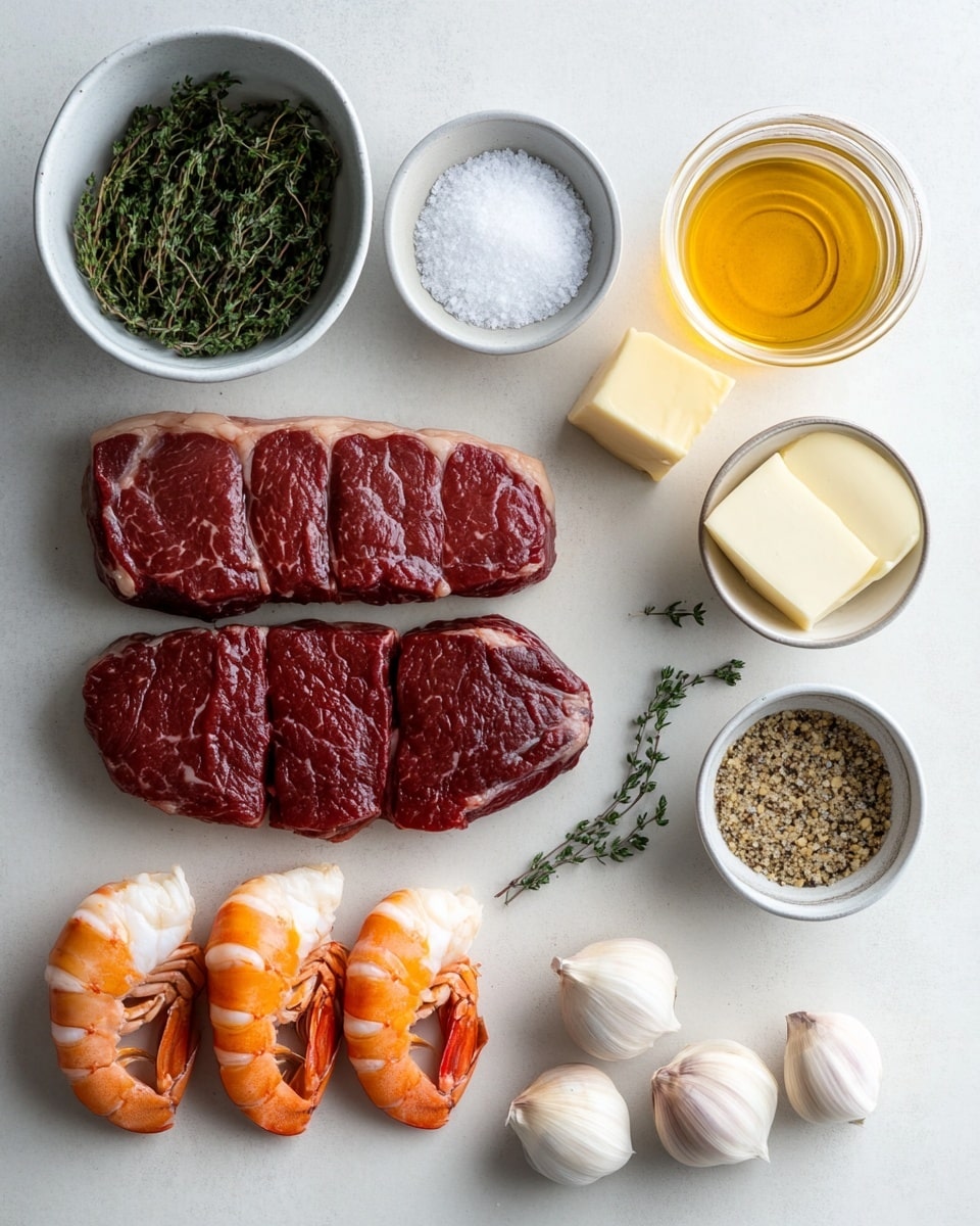 A white plate with a thick, dark brown grilled steak in the center, covered with a creamy light orange sauce that has small red specks. On top of the steak, there are several grilled shrimp with a bright orange color and slight char marks. The shrimp are stacked over a few smaller pieces of seafood mixed into the sauce. Small green parsley leaves are sprinkled over the shrimp, steak, and sauce, adding a fresh contrast. The plate rests on a white marbled surface. photo taken with an iphone --ar 4:5 --v 7