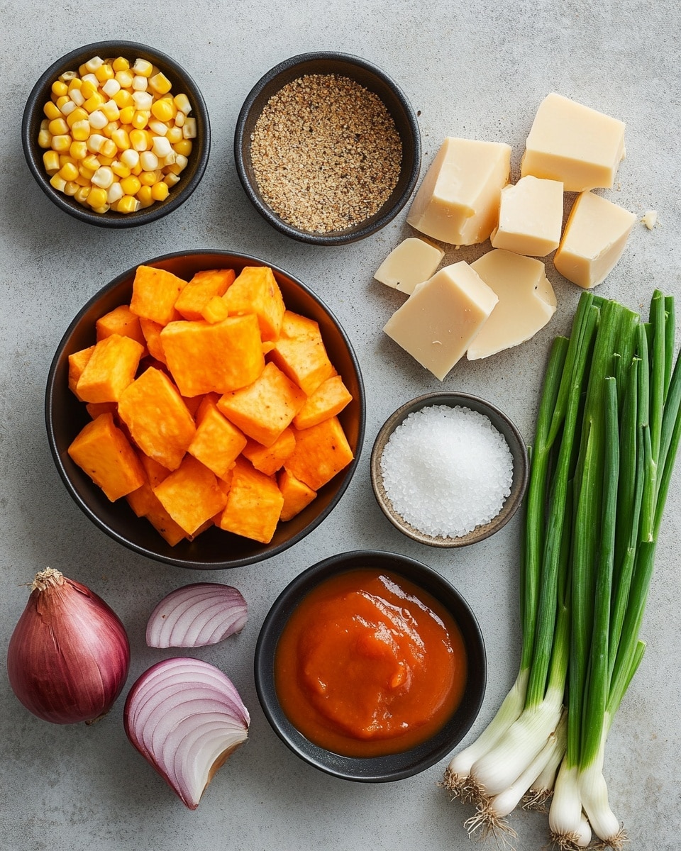 The dish is served in a black cast iron skillet filled with three main layers. The bottom layer consists of bright orange cubed sweet potatoes, roasted and slightly browned. The middle layer includes pieces of cooked chicken with a golden brown color and a slightly charred texture. The top layer is sprinkled with thin slices of purple-red onions and melted white cheese that stretches over the chicken and sweet potatoes. Green chopped herbs are scattered on top, adding a fresh touch. The skillet rests on a white marbled surface with a white cloth underneath, and there is a soft natural light highlighting the colors. Photo taken with an iphone --ar 4:5 --v 7