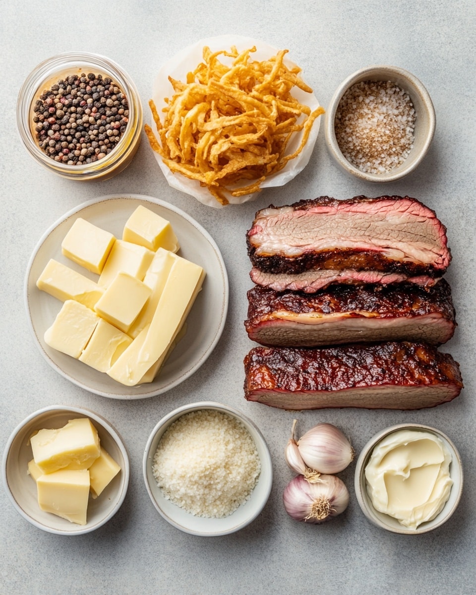 A thick sandwich with three main layers held between two toasted golden brown slices of bread with a slightly charred texture on top. The bottom slice has a layer of melted white cheese and crispy caramelized onions, followed by thick cuts of juicy, pink-inside smoked meat. Above this is another layer of melted white and yellow cheese with more caramelized onions, then another set of thick smoked meat pieces. The top bread slice is toasted to a rich orange-brown color, with the filling slightly dripping onto a wood surface below. The overall look is hearty and rich, stacked high with textures of melted cheese and tender meat. Photo taken with an iphone --ar 4:5 --v 7