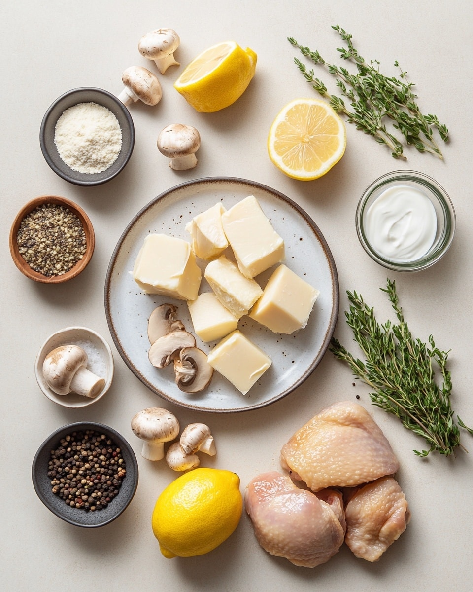 This close-up image shows a creamy pasta dish with three main layers: tubular rigatoni pasta pieces in light yellow color scattered throughout, tender browned chicken pieces with a slightly crispy look, and thickly sliced brown mushrooms with a glossy, sautéed texture. The dish is coated in a smooth, creamy sauce with a pale beige color that lightly covers all ingredients. Bright green chopped parsley is sprinkled on top, adding fresh contrast and texture. The background is a white marbled surface. photo taken with an iphone --ar 4:5 --v 7