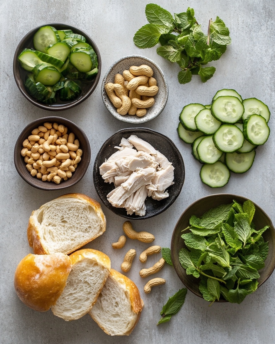 A toasted piece of bread with a golden-brown crust forms the base layer, topped with a thick layer of shredded brown meat. On top of the meat, there are several slices of fresh green cucumber arranged in a row, each slice showing a smooth, light green inside and darker green peel. Scattered peanuts and chopped bright green herbs, including cilantro and green onions, are spread over the meat and cucumber. Drizzles of a light orange sauce are unevenly spread over the top, adding a creamy texture. The dish is placed on a white marbled texture surface with a few cucumber slices and peanuts nearby. Photo taken with an iphone --ar 4:5 --v 7