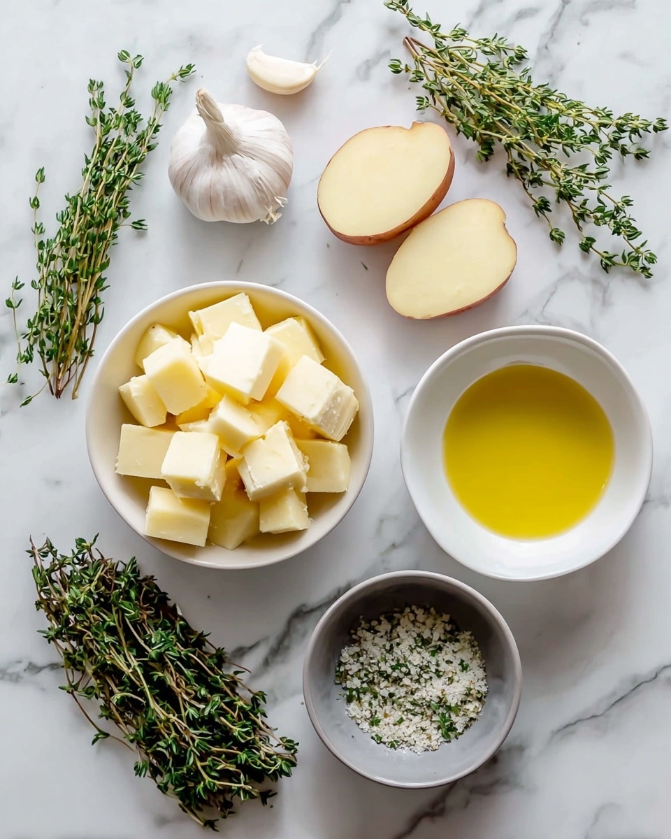 The image shows a white marbled surface with several small white bowls and loose ingredients arranged neatly. In one bowl, there are cubes of yellow butter with a smooth texture. Another bowl holds small pale yellow cubes of peeled potato. A third white bowl contains a clear yellow liquid, likely oil. Nearby, a small gray bowl holds a mix of fine white salt and green herbs. Loose fresh green thyme sprigs are placed on the surface along with a whole garlic bulb, a separated garlic clove, and two halves of a red-skinned potato. The overall setup is clean and organized with natural colors. Photo taken with an iphone --ar 4:5 --v 7