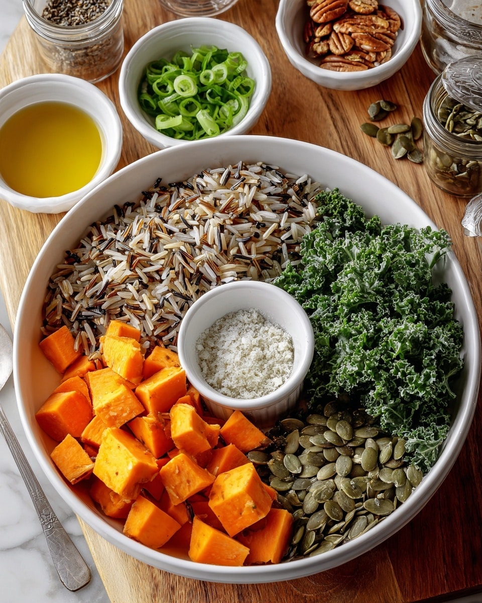 A white bowl holds five distinct sections of food arranged side by side: bright orange cubed sweet potatoes in the front left, a mix of wild and white rice to the back left, dark green chopped kale to the back right, and light green pumpkin seeds to the front right. In the center of the bowl, a small white cup holds a mixture of coarse salt and minced garlic. In the background, small white bowls and glass containers hold additional ingredients like oats, scallions, liquid oil, and a dark sauce. All items are placed on a white marbled surface. photo taken with an iphone --ar 4:5 --v 7