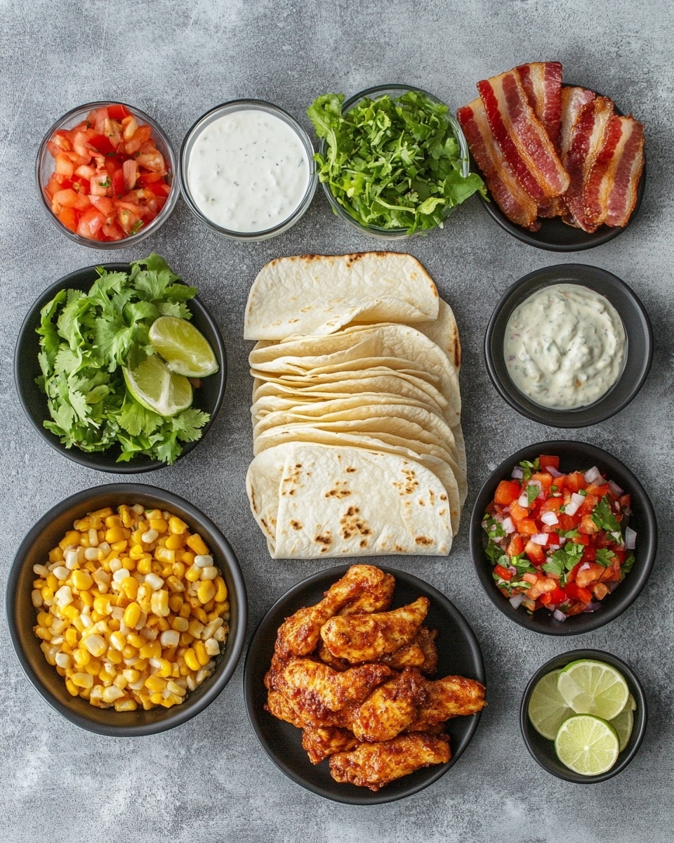 Two tacos are shown, each with three layers inside soft white tortillas. The bottom layer is bright yellow corn mixed with small pieces of white onion and bits of green cilantro. The middle layer has crispy brown fried chicken pieces with a textured crunchy look. The top layer is a white creamy sauce with green herbs, drizzled over the chicken and cilantro leaves. Small pieces of corn and cilantro are scattered on the white marbled surface around the tacos, and a blurred small white bowl with some sauce is in the background. Photo taken with an iphone --ar 4:5 --v 7