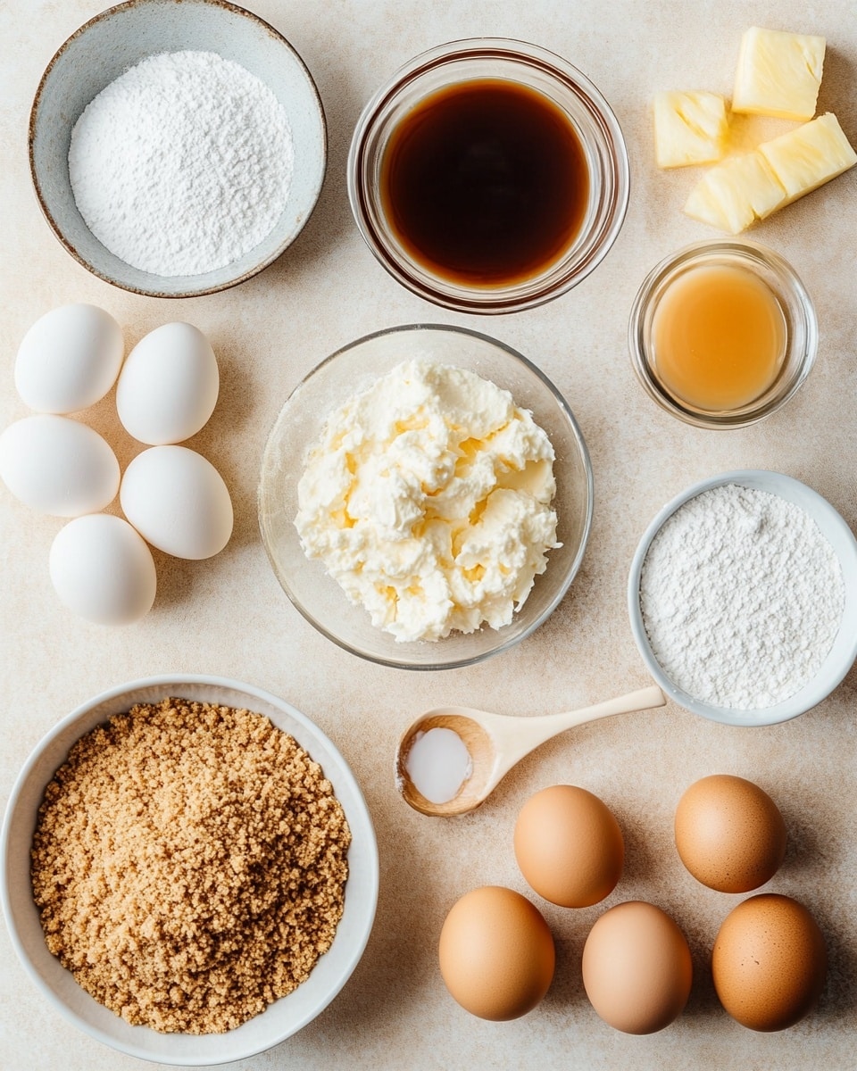 The image shows small round mini cheesecakes placed on a white marbled surface. Each mini cheesecake has three clear layers: a crumbly light brown base at the bottom, a thick smooth pale cream cheesecake middle, and a shiny golden caramel layer on top. On each caramel layer, there are small pieces of yellow pineapple arranged in a circle with a dollop of darker caramel sauce in the center, giving a glossy finish. Some loose crumbs lie around the cheesecakes, adding texture to the scene. The photo taken with an iphone --ar 4:5 --v 7