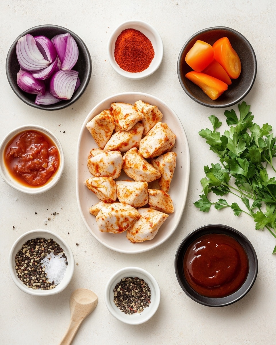 The image shows slices of pizza on a white plate with a white marbled texture background. Each slice has a thick, light golden-brown crust as the base. On top of the crust is a layer of melted, light yellow cheese with some browned spots. There are pieces of cooked chicken with a golden-brown color placed over the cheese, along with thin strips of red bell pepper and slices of purple-red onion scattered evenly. Small green herb leaves are sprinkled on top, adding a touch of fresh color. The cheese and toppings are slightly bubbling and look warm and fresh. Photo taken with an iphone --ar 4:5 --v 7