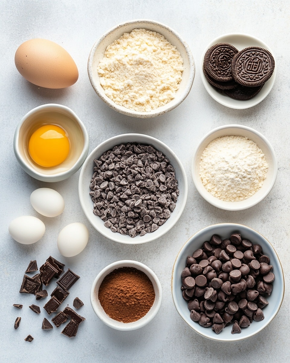 A single square brownie sits in the center of a white plate with a light turquoise rim, placed on a white marbled surface. The brownie has a cracked, shiny dark brown top with pieces of black and white sandwich cookies embedded in it. Around the brownie on the plate, broken cookie pieces and small dollops of dark chocolate are scattered randomly. In the blurred background, a larger piece of brownie with more cookies on top is visible. The photo is taken with an iphone --ar 4:5 --v 7