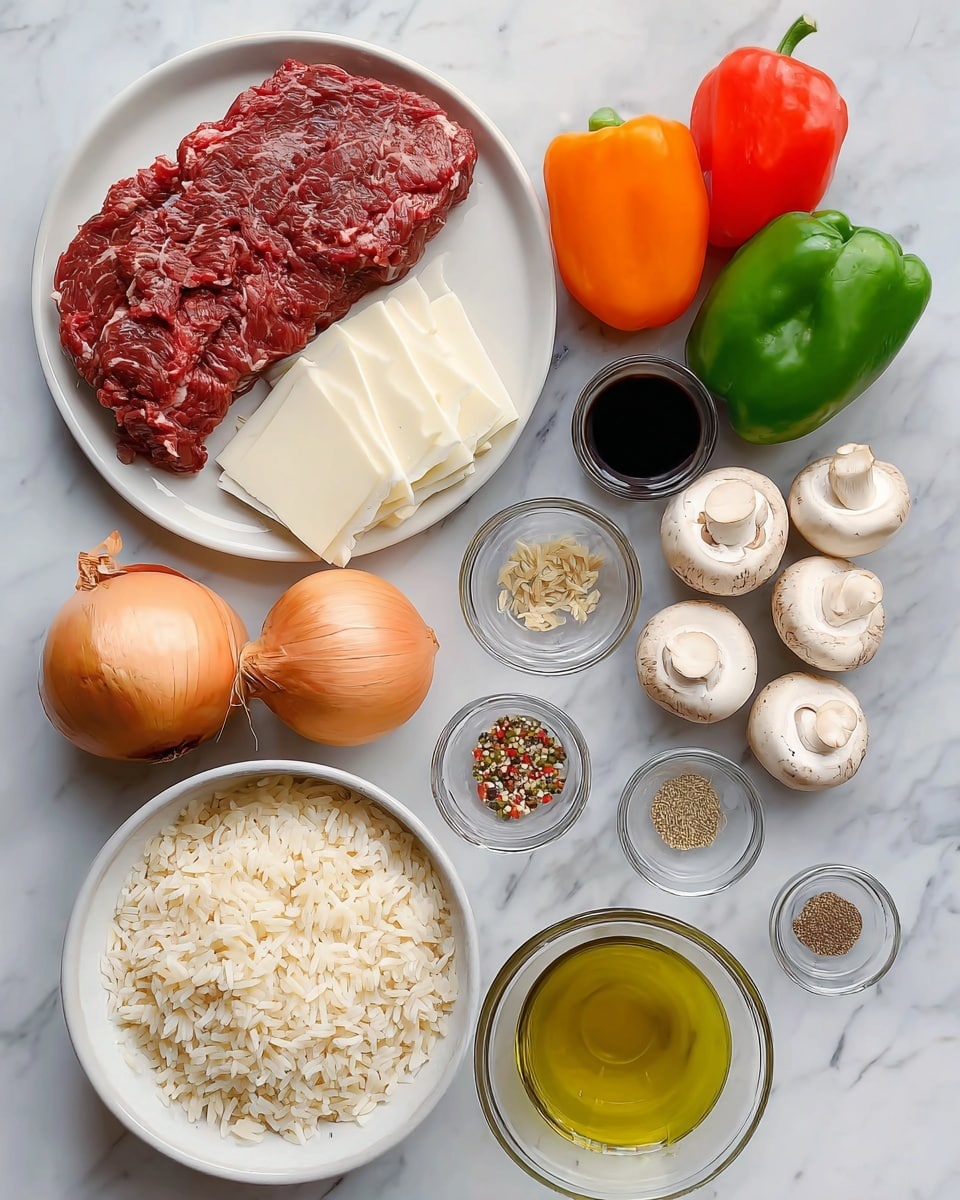 The image shows fresh ingredients arranged on a white marbled background. There is a white plate with one large slice of raw dark red meat on the left side and four slices of white cheese on the right side of the plate. Around this plate are three bell peppers in bright green, orange, and red colors, and a light brown onion. Below the plate, there is a white bowl filled with light beige cooked rice. To the right side of the bowl, there is a small white bowl with whole white mushrooms. Near the mushrooms, there are three small clear glass bowls: one with a mix of colorful spices, one with brown mustard seeds, and one with a tan powder. A small clear glass bowl with dark soy sauce and another glass bowl with light yellow oil are also placed near the mushrooms and rice. The photo taken with an iphone --ar 4:5 --v 7