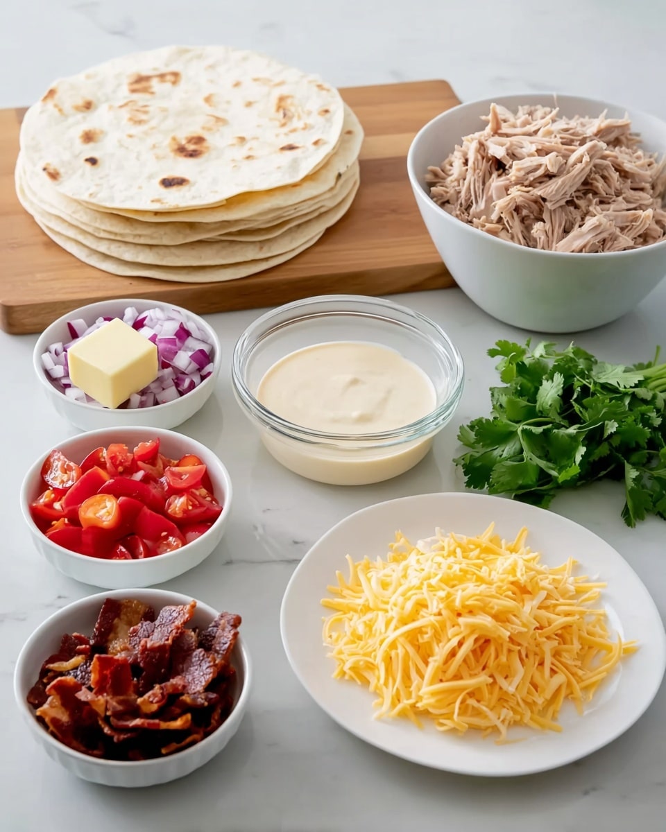 The image shows a layered arrangement of ingredients for a meal on a white marbled surface. At the back, there is a stack of soft, round tortillas with light brown spots, resting on a wooden cutting board. Next to the tortillas, there is a white bowl filled with shredded light brown meat. To the right, a white plate holds shredded yellow cheese. In front, there are four small white ramekins: one with diced red tomatoes, another with chopped purple onions, the third with dark brown crispy bacon bits, and the last with a square piece of pale yellow butter. A small clear glass bowl in the center contains a smooth, pale cream sauce. To the right of these ramekins, fresh green cilantro sprigs are placed on the white marbled surface. Photo taken with an iphone --ar 4:5 --v 7