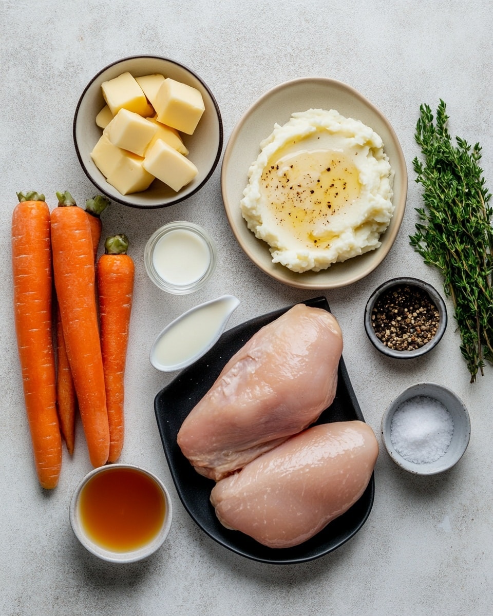 The dish shows a round piece of browned meat with grill marks, sitting on a bed of mashed potatoes that are creamy and white. A light brown sauce with green herbs covers the top of the meat and spreads onto the potatoes around it. To one side, there are bright orange cooked baby carrots sprinkled with green herbs. At the back, there is a small bunch of fresh green parsley adding color to the dish. All the food is served in a deep white bowl, placed on a white marbled surface. photo taken with an iphone --ar 4:5 --v 7