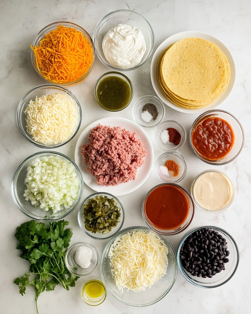 The image shows various ingredients neatly placed on a white marbled surface. There are multiple small white bowls and clear glass bowls arranged in a rough circle. Starting clockwise from the top left, there is a white bowl filled with bright orange shredded cheese, next to it is a clear bowl with white sour cream, then a white plate with raw pink ground meat. Below is a clear bowl with chopped white onions, another clear bowl with crumbled white cheese, a bunch of fresh green cilantro, three small clear bowls with red powder, black pepper, and a pinch of white salt, a clear cup with red tomato sauce, a white plate with yellow corn tortillas, a clear cup with brown sauce, a clear bowl with creamy sauce, a small clear bowl filled with chopped green pickles, a clear bowl with black beans, and finally a clear bowl with shredded white cheese. There is also a small amount of clear yellow oil in a tiny bowl near the bottom. The whole setup is clean and well-organized, showing the variety of ingredients before cooking. photo taken with an iphone --ar 4:5 --v 7