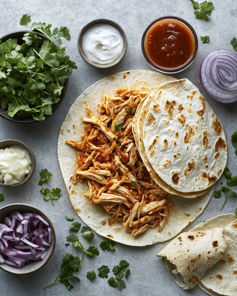A stack of three triangular pieces of quesadilla sits centered on a white plate, each triangle filled with cooked chicken chunks, melted cheese, and a brown bean mixture, all visible through the slightly crispy, golden-brown, toasted tortilla layers. Small green herb bits are sprinkled on top and around the quesadillas, adding a touch of color. The plate rests on a brown, yellow, and orange plaid cloth against a white marbled surface background. photo taken with an iphone --ar 4:5 --v 7