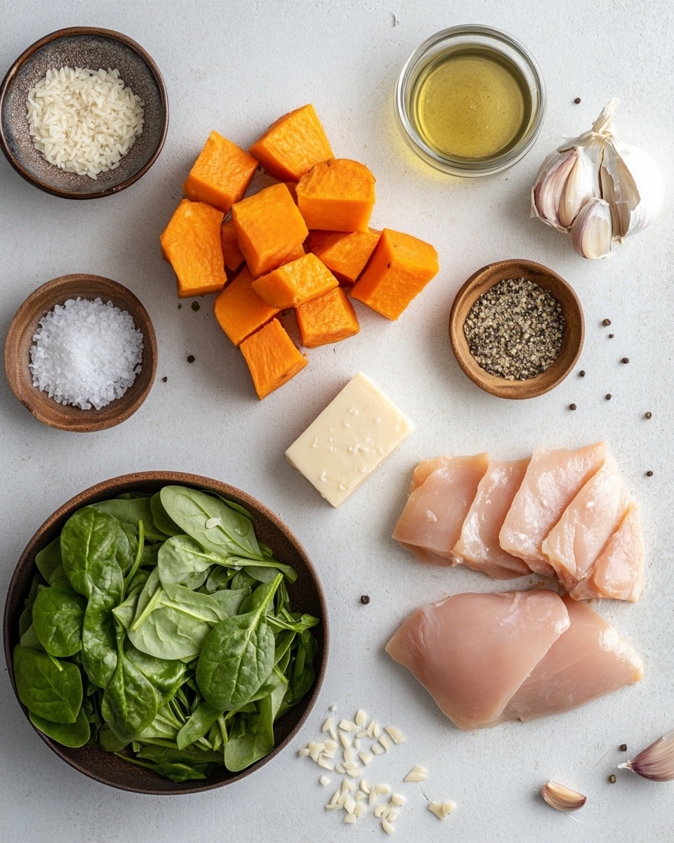 The image shows a close-up of a baked dish in a glass pan filled about two layers deep with pieces of white chicken cooked with light brown spots, chunks of soft orange butternut squash, wilted green spinach leaves, and creamy melted cheese coating everything with a slightly golden color. The ingredients are mixed with small, pale yellow twisty pasta, and the cheese forms a bubbly, slightly browned texture on top. A black spoon is scooping some of the mixture, showing the creamy sauce underneath. The dish is placed on a white marbled surface. photo taken with an iphone --ar 4:5 --v 7