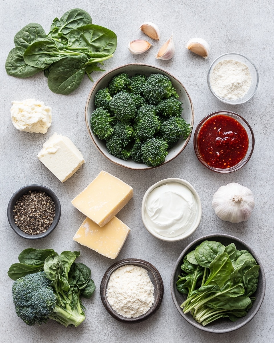 The image shows a flat pizza with a golden brown crust on a white marbled surface. The pizza has a base layer of melted white cheese with melted spots. On top, there are bright green broccolini stems and leaves spread evenly, along with small browned sausage pieces scattered around. Thin slices of red chili peppers are placed over the top layer, adding touches of bright red. A woman's hand holds a spoon above the pizza, dripping thick red sauce onto it. The overall look is fresh and colorful with a mix of green, red, white, and brown colors. photo taken with an iphone --ar 4:5 --v 7