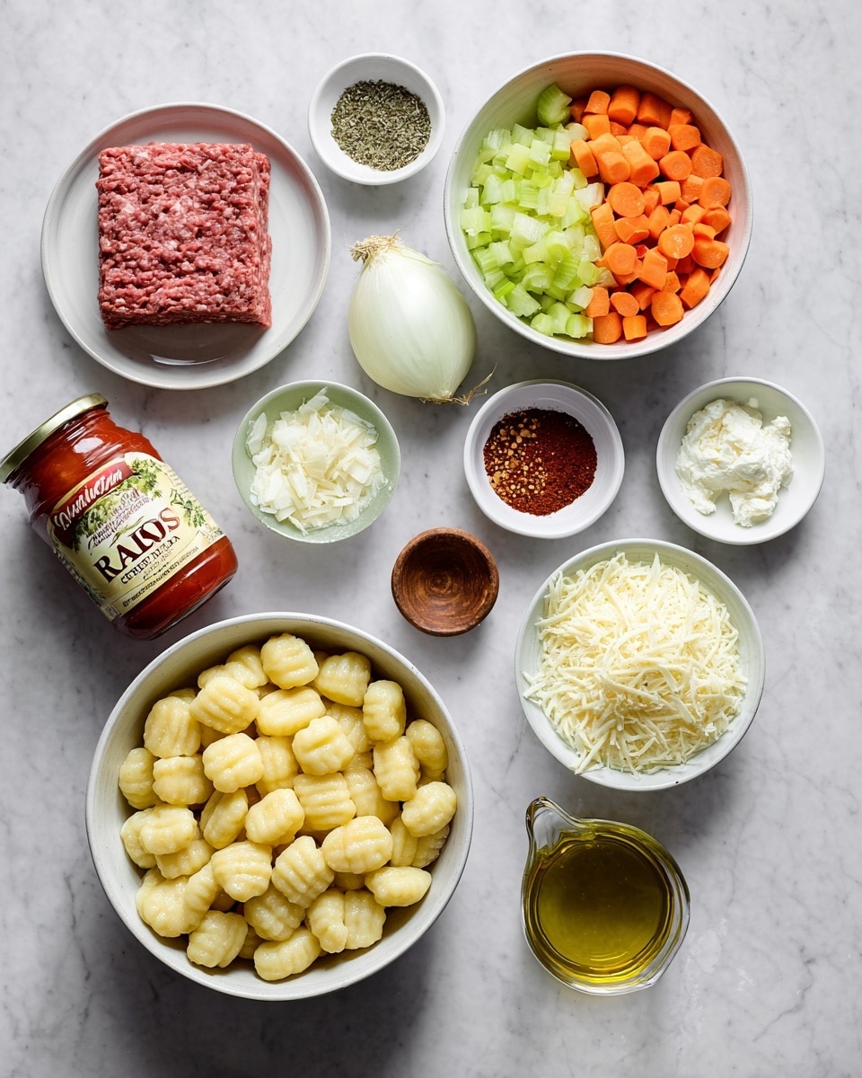 The image shows a close-up of a baked dish in a white rectangular baking tray, filled with several layers. The bottom layer appears to be soft gnocchi pieces with a smooth, slightly shiny pale orange color. Above this is a thick and rich brown meat sauce with small pieces mixed inside. The top layer is a golden-brown melted cheese that looks bubbly and crispy in some spots. The food looks warm and saucy, with some sauce spread along the sides of the tray. The tray is placed on a white marbled surface. photo taken with an iphone --ar 4:5 --v 7