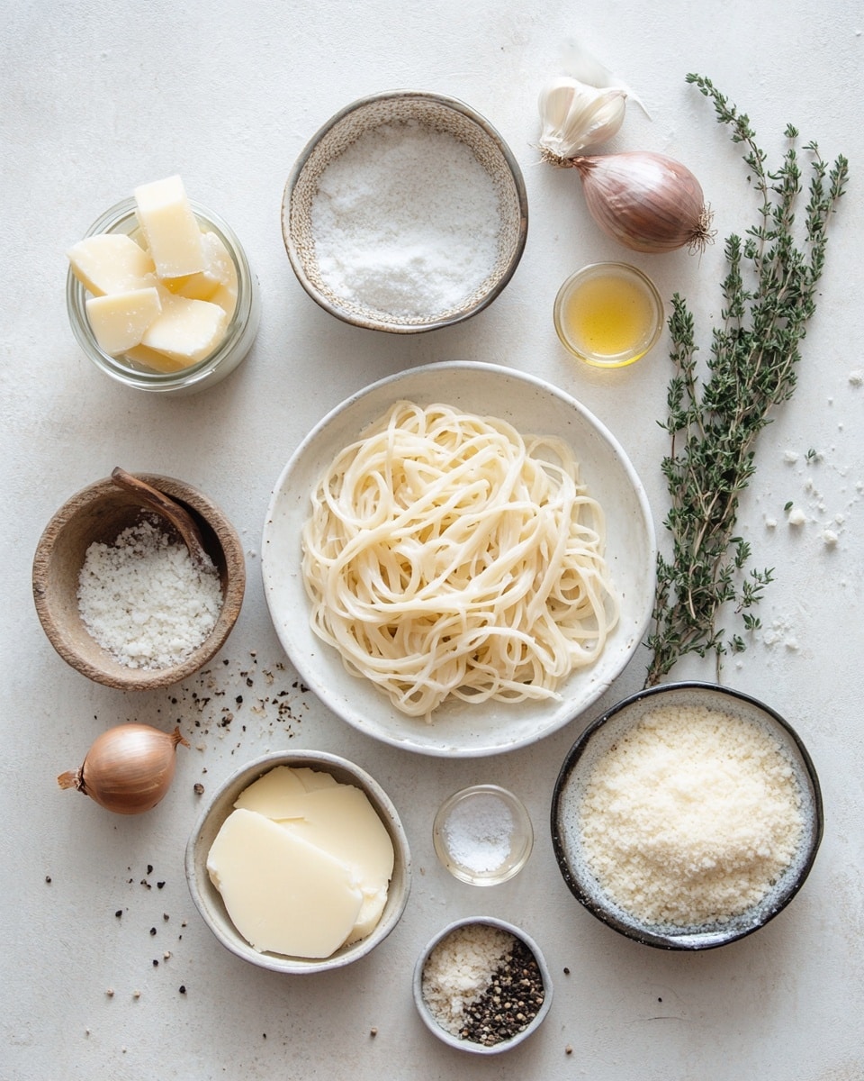 A white round casserole dish filled with a creamy pasta bake layered evenly with pale beige cooked pasta covered by a thick sauce; on top, there is a layer of shredded pale yellow cheese scattered over the pasta, and dark brown caramelized onions spread unevenly across the top, with a light dusting of fine seasoning powder sprinkled over everything. The dish sits on a white marbled surface. photo taken with an iphone --ar 4:5 --v 7