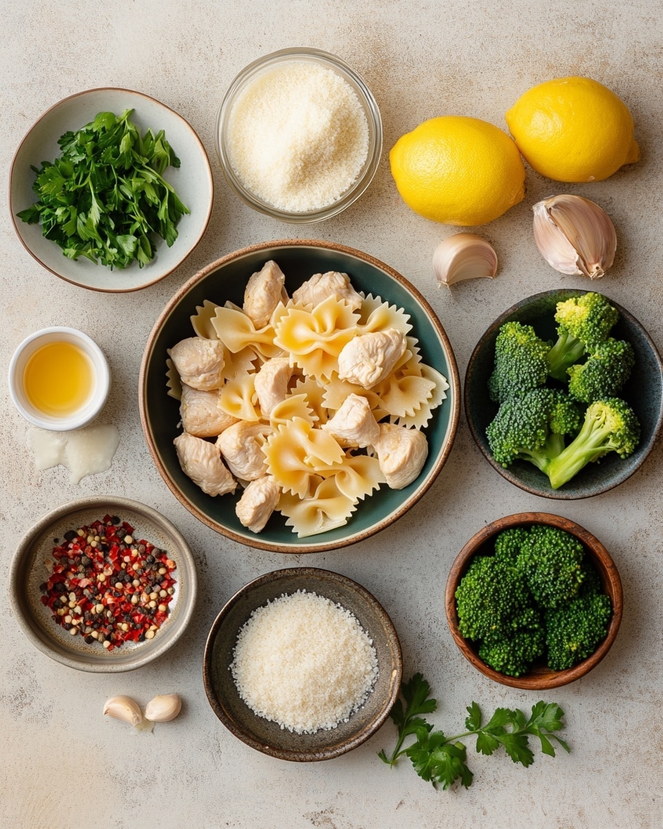 This dish shows a white plate filled with three main layers: at the bottom, there is a layer of light yellow bowtie pasta with a smooth texture; the middle layer has small pieces of bright red diced vegetables and green broccoli with a firm and fresh look; on top, there are pieces of browned chicken covered in a creamy, light tan sauce with specks of black pepper and melted orange cheese, garnished with chopped green parsley scattered across the dish. The background features a white marbled texture. Photo taken with an iphone --ar 4:5 --v 7