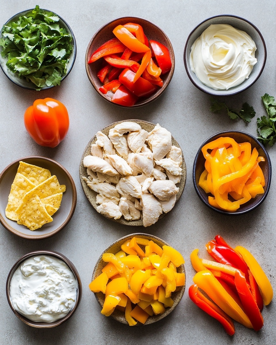 The image shows a collection of fresh ingredients on a white marbled surface. A red cutting board holds thin slices of purple onion, a bunch of bright green cilantro, a sliced lime with half visible, a whole red bell pepper, and a whole yellow bell pepper. Nearby, two round yellow tortillas lie flat. There is a white bowl filled with shredded cheese, a white bowl with cooked chicken pieces, and three small white bowls containing white powder, salt and pepper, and a mix of brown and red spices. A small clear measuring cup with yellow oil completes the setup. Photo taken with an iphone --ar 4:5 --v 7