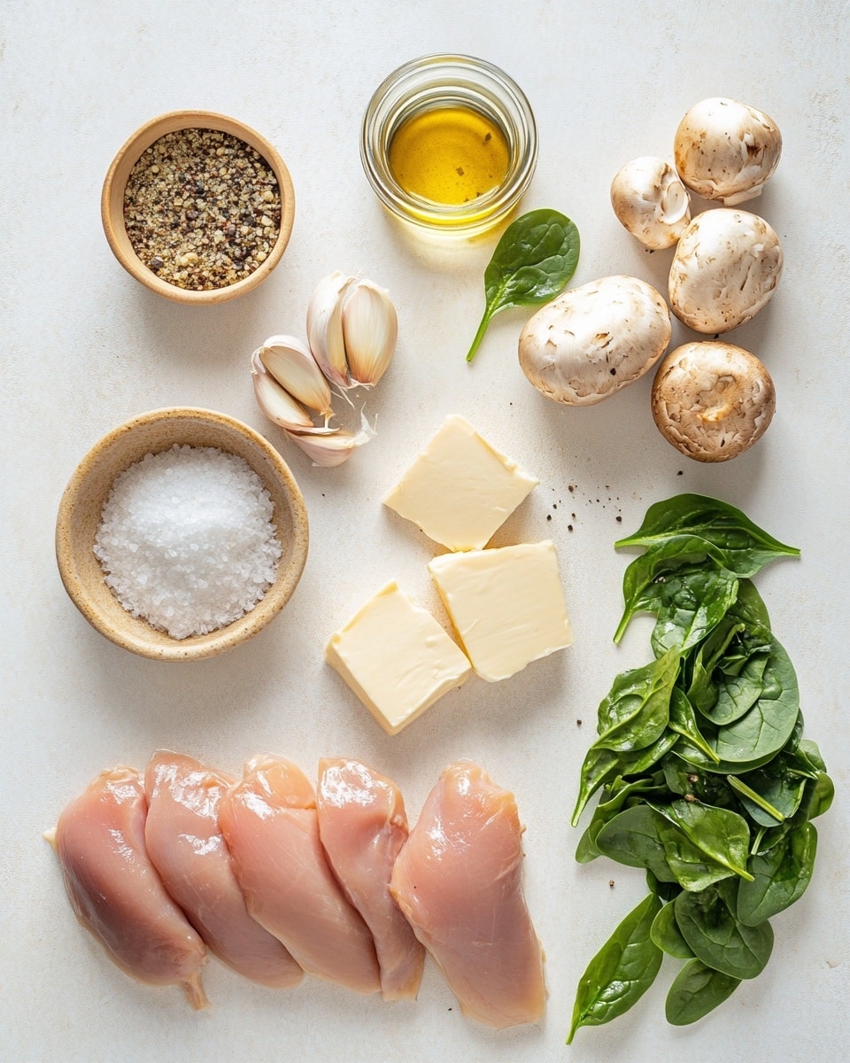 The image shows a white plate on a white marbled surface holding a dish with three main parts. In the center, there is a piece of cooked chicken on top of a melting layer of light yellow cheese mixed with sautéed dark brown mushrooms and green spinach leaves. On the left side of the plate, there is a creamy beige risotto with small green herbs sprinkled on top. At the top right of the plate, there is a small bunch of fresh green spinach leaves. A copper-colored fork is placed near the top right edge of the plate. The photo taken with an iphone --ar 4:5 --v 7