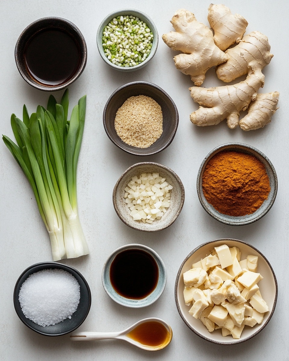 Two glazed pieces of cooked chicken with a shiny dark reddish-brown sauce sit in a black cast iron pan on a wooden board. White and black sesame seeds are sprinkled on the chicken and around the pan. Green cilantro leaves and small chopped herbs are placed on top of the chicken. To the left, a white bowl with blue floral patterns holds white rice, and above it, a small blue bowl contains fresh green cilantro leaves. The background is a white marbled texture. Photo taken with an iphone --ar 4:5 --v 7