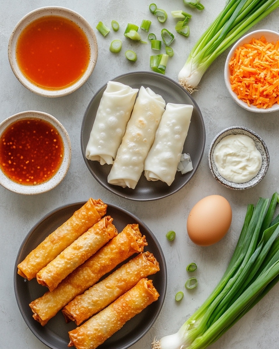A wooden board holds seven fried rolled tacos with a crisp, dark golden-brown outer layer. Each taco is drizzled with thin, white sauce lines crossing over the top. Small, bright green sliced scallions sprinkle over the tacos, adding a fresh pop of color. To the side of the wooden board, a small metallic cup contains bright red dipping sauce. The background is a white marbled texture. photo taken with an iphone --ar 4:5 --v 7