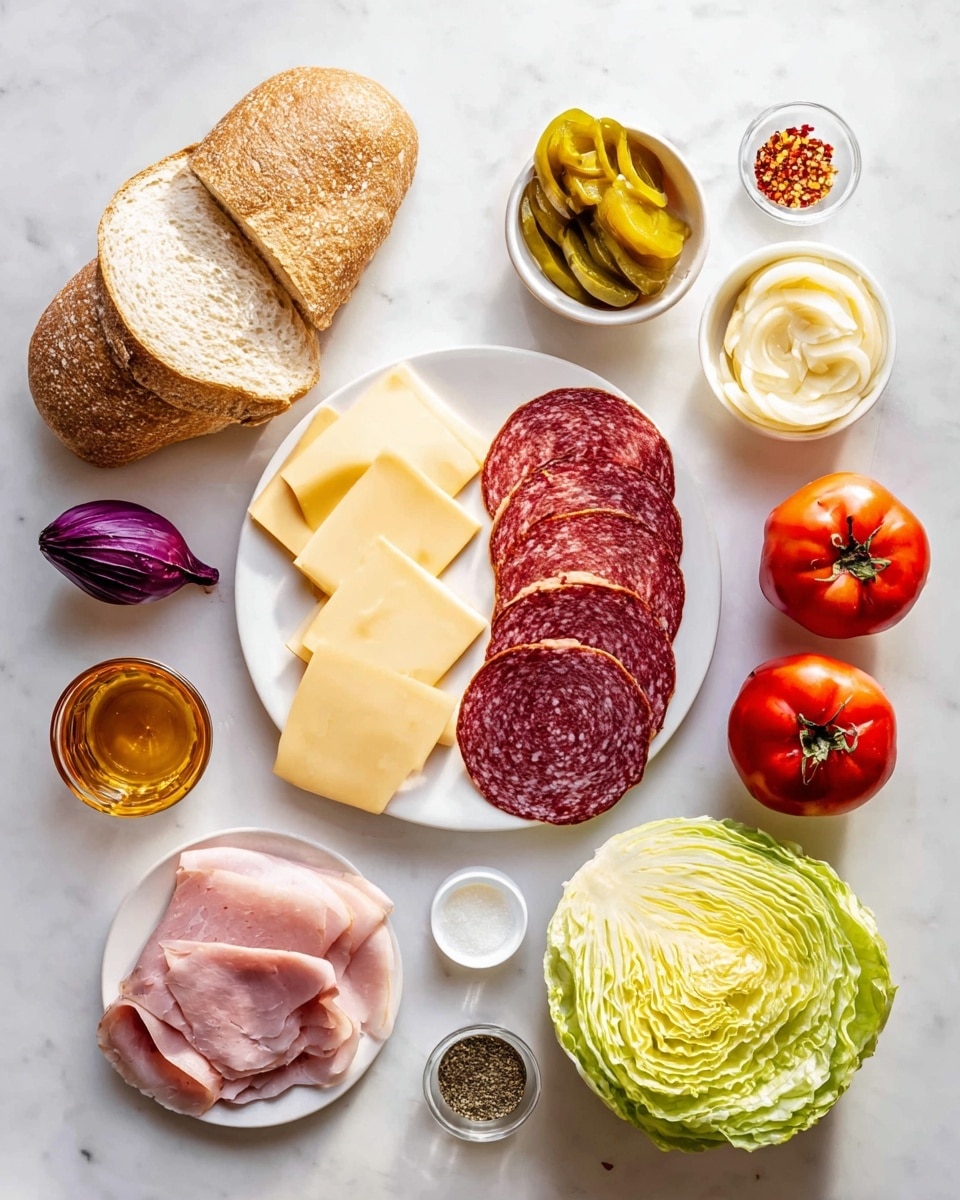 The sandwich has a top layer of golden brown bread with a soft, slightly crispy texture. Under it, there is a layer of pale yellow cheese slices, lying flat. Below the cheese, there are folded slices of red and pink deli meats, some with darker edges giving depth. On the bottom, fresh bright green curly lettuce sits over thick red tomato slices. The sandwich is open-faced on a white marbled surface, showing all layers clearly photo taken with an iphone --ar 4:5 --v 7