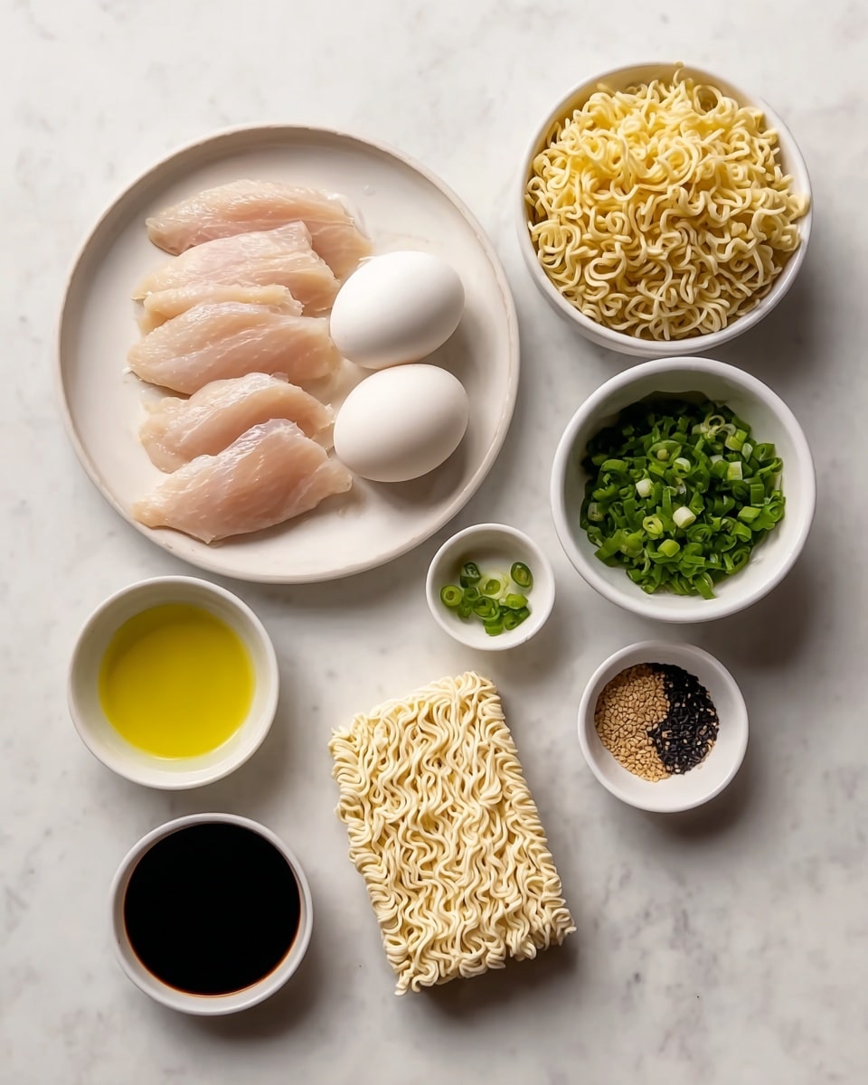 The image shows several white bowls and one white plate on a white marbled surface. On the white plate, there are six pieces of raw light pink chicken slices neatly placed with one whole white egg next to them. To the top right, a white bowl filled with cooked curly yellow noodles and a small section of green chopped spring onions is visible. Next to this bowl, a block of tightly packed uncooked curly yellow noodles lies flat. Around these, there are four small white bowls containing, from top left clockwise, clear yellow oil with a green piece of chili, mixed black and white pepper seeds, dark soy sauce, and finely chopped green spring onions. photo taken with an iphone --ar 4:5 --v 7