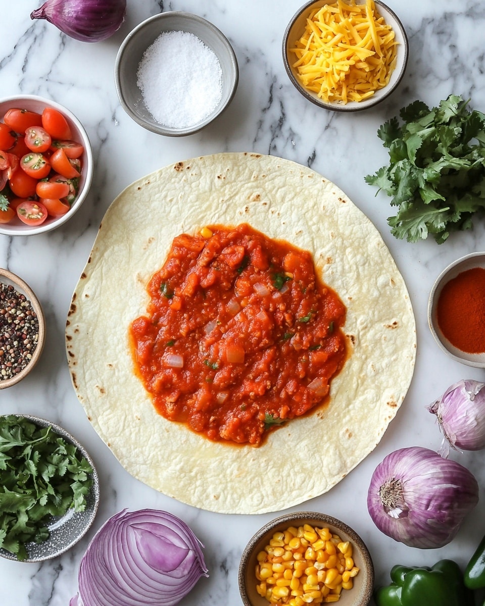 A white baking dish filled with five rolled tortillas covered with melted light yellow cheese that looks soft and creamy, topped with a colorful mix of finely chopped red tomatoes, purple onions, and green scallions scattered evenly across the surface. In the center are three green jalapeño slices adding a fresh pop of color. The edges of the tortillas are golden brown, showing slight crispiness. The dish is set against a white marbled surface with a blurred green herb and lime wedges in the background. photo taken with an iphone --ar 4:5 --v 7