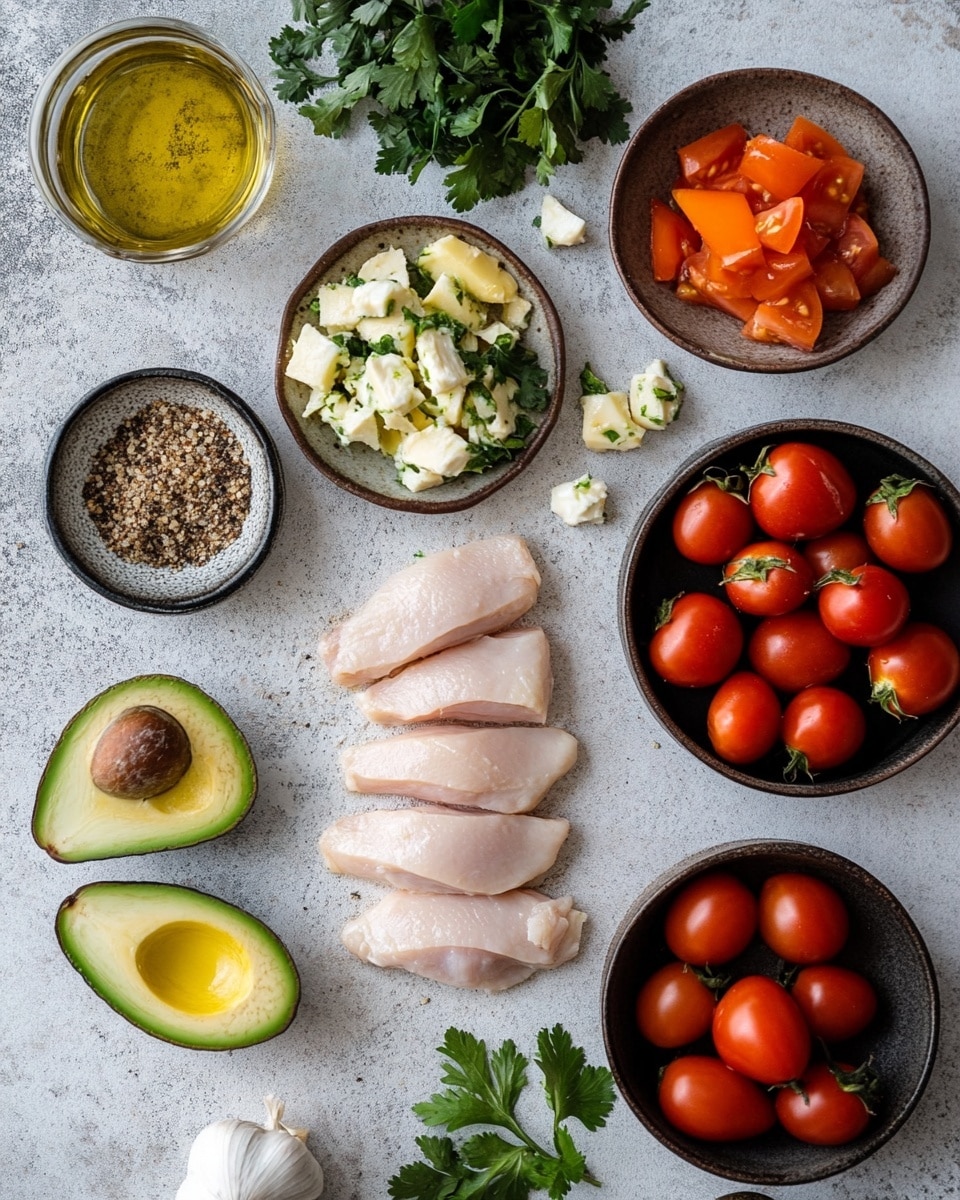 A grilled chicken fillet with visible dark grill marks sits as the bottom layer, its surface lightly speckled with black pepper and fresh chopped green herbs. On top and around the chicken, halved avocado pieces with creamy, light green flesh hold melted white cheese that has caramelized grill lines, giving a slightly charred look. Bright red cherry tomatoes, also grilled with dark char marks on their shiny skins, are scattered around the avocado and chicken, all drizzled with a glossy dark brown sauce. Everything rests on a white plate with a clean white marbled surface in the background. Photo taken with an iphone --ar 4:5 --v 7