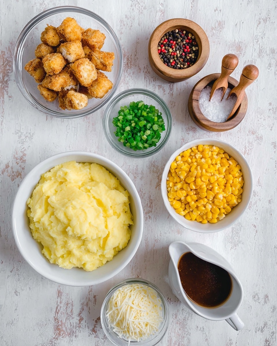 A bowl filled with a base layer of creamy pale yellow mashed potatoes with a soft texture, topped with bite-sized pieces of golden brown seasoned chicken, bright yellow corn kernels scattered evenly, and finely shredded white cheese. The dish is drizzled with an orange sauce and garnished with small rings of fresh green onions. The white bowl sits on a white marbled surface, with some green onion pieces scattered around and a small white bowl filled with chopped green onions in the background. Photo taken with an iphone --ar 4:5 --v 7