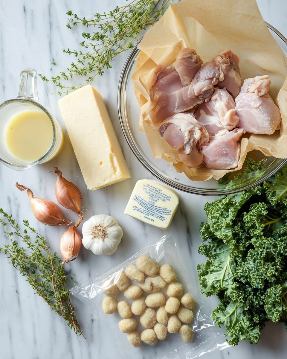 A clear glass bowl lined with light brown parchment paper holds several pieces of raw pink chicken with some white fat visible, placed near the top right of the image on a white marbled surface. To the left and bottom of the bowl are fresh green kale leaves with curly edges, two small whole shallots with shiny purple-pink skins, and a chunky wedge of pale yellow cheese with a textured surface. Scattered around are multiple small round beige gnocchi pieces, some inside a clear plastic bag and some loose. There is a peeled garlic bulb with several white cloves separated, a small pale yellow stick of butter with blue lettering, a glass measuring cup filled with pale yellow liquid, and a cream-colored jar with a white lid. Small sprigs of fresh green thyme lie near the top left. The photo taken with an iphone --ar 4:5 --v 7