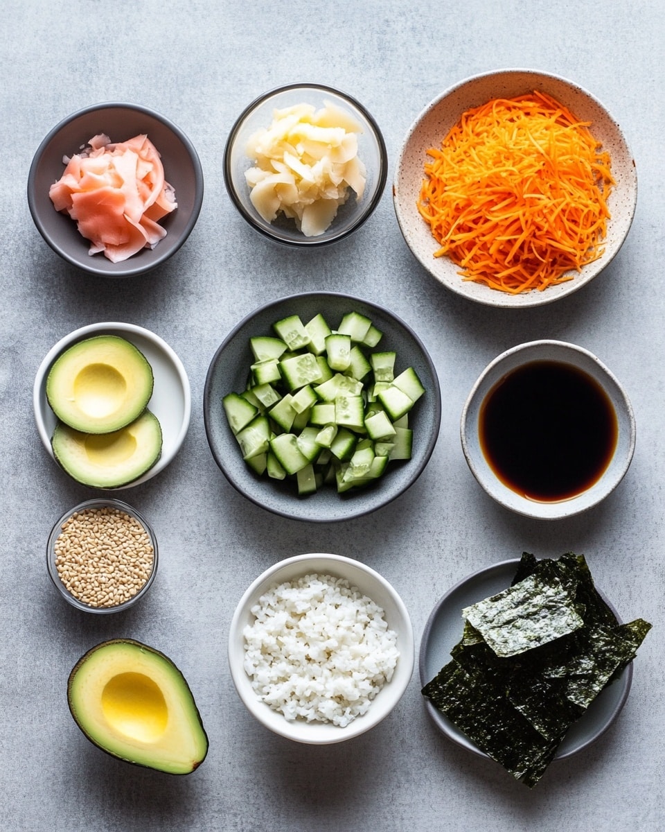 There are three bowls of sushi rice bowls placed on a white marbled surface; each bowl has a base layer of white rice topped with separate sections of diced green avocado, shredded orange carrots, small pieces of red and white imitation crab, and dark seaweed strips. A light drizzle of pale orange sauce spreads over the toppings with black and white sesame seeds sprinkled on top. Two light blue bowls and one dark blue bowl hold the ingredients, and a pair of brown chopsticks rests on one of the light blue bowls. A small round wooden bowl filled with black and white sesame seeds is nearby. Photo taken with an iphone --ar 4:5 --v 7